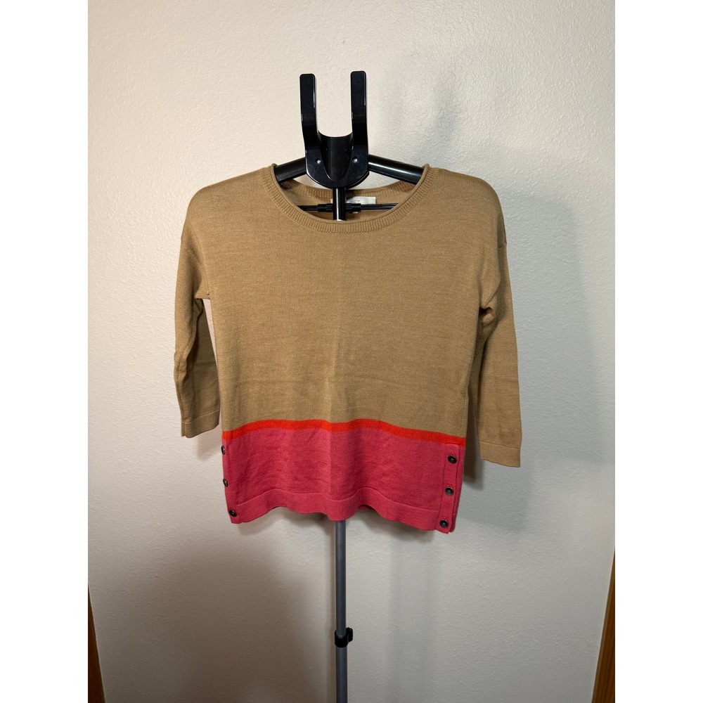 Loft Petite Camel Tan Pink Colorblock Button‎ Hem Sweater SP Small Petite
